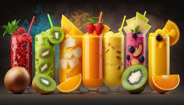 Photo many different smoothies with berries and fruits generative ai
