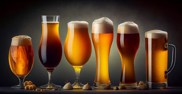 Many different types of beer in mugs and glasses AI generated image