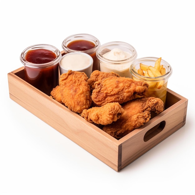 Many Different Types Of Food In A Wooden Tray