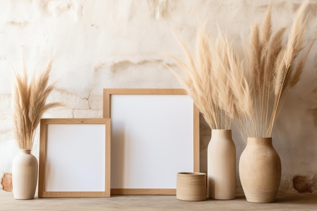 Many different wooden frames leaning against wall and vase with pampas grass Generative Ai