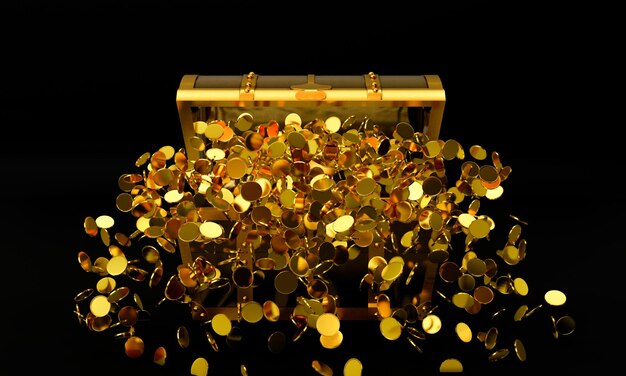 Photo many distribute gold coins flew from the treasure chest a treasure chest made of gold luxurious expensive an ancient treasure box opened with gold coins ejected 3d rendering