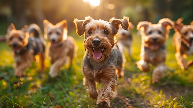 多くの犬が草原でボールで走って遊んでいますかわいいジャック・ラッセル・テリアの群れです