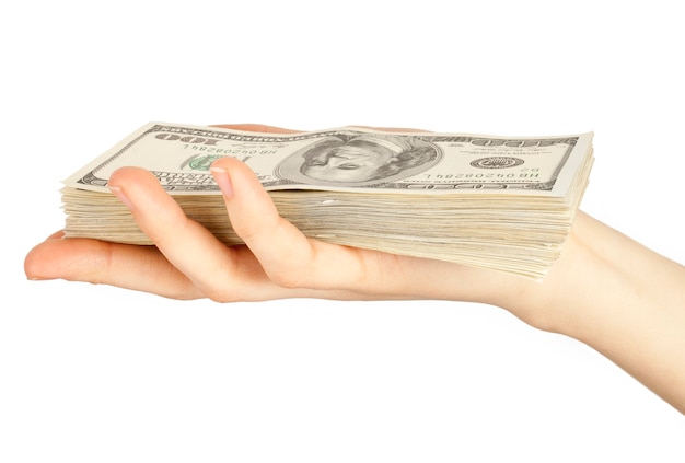 Many dollars falling on womans hand with money