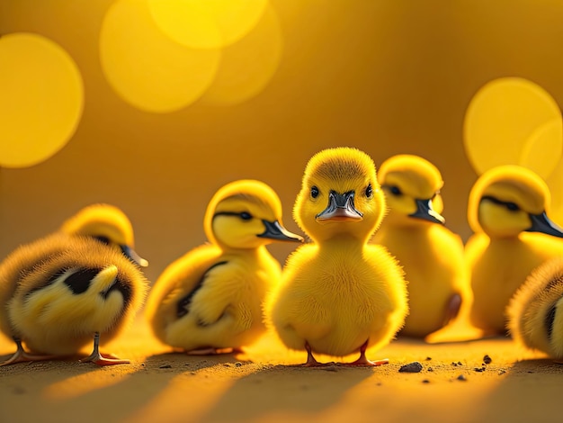 Many duckling on yellow pastel background ai generative