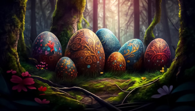 Many Easter eggs in the forest realistic