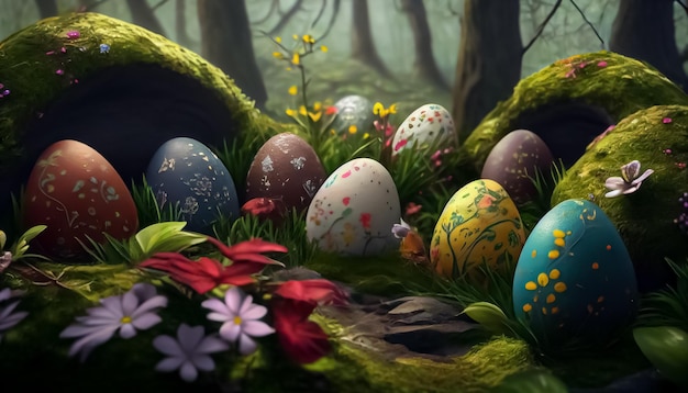 Many Easter eggs in the forest realistic