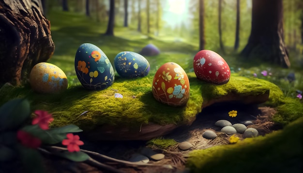 Many Easter eggs in the forest realistic