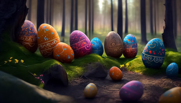 Many Easter eggs in the forest realistic