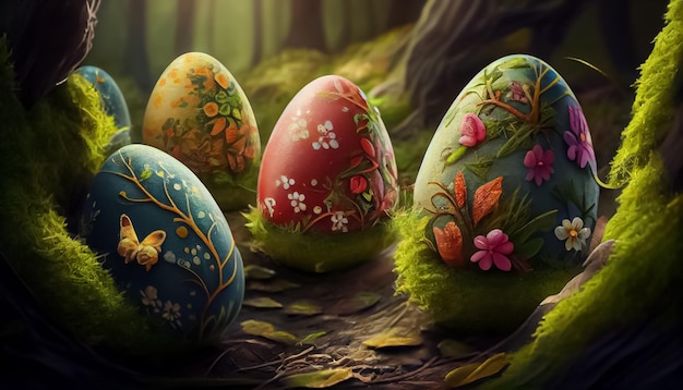 Many Easter eggs in the forest realistic