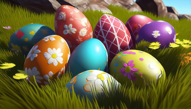 Many Easter eggs in the meadow realistic