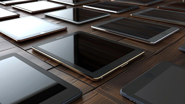 Many electronic tablets on a wooden table Horizontal format