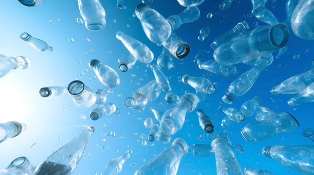 Many empty plastic bottles flying in blue sky Recycling concept