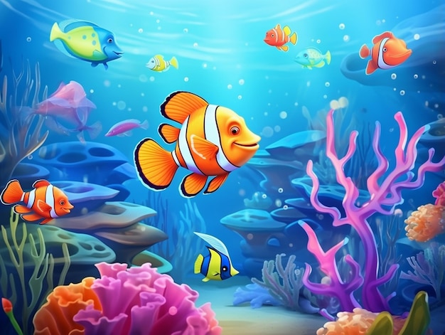 Many exotic fishes cartoon character in the underwater scene with corals