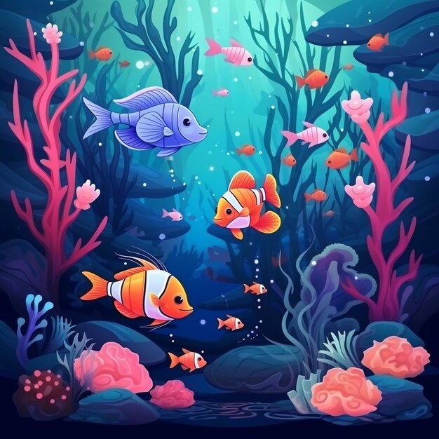 Many exotic fishes cartoon character in the underwater scene with corals