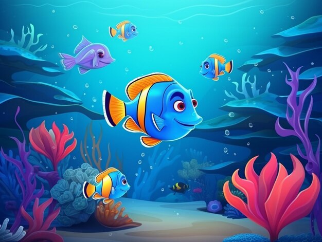 Photo many exotic fishes cartoon character in the underwater scene with corals