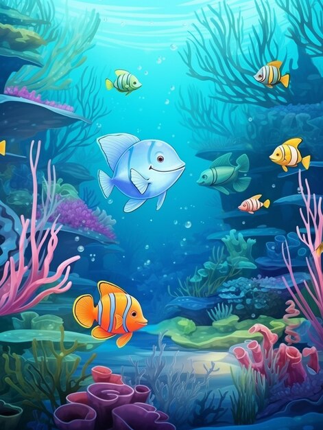 Many exotic fishes cartoon character in the underwater scene with corals