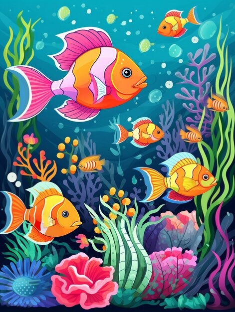 Многие экзотические рыбы мультфильма персонаж в подводной сцене с кораллами