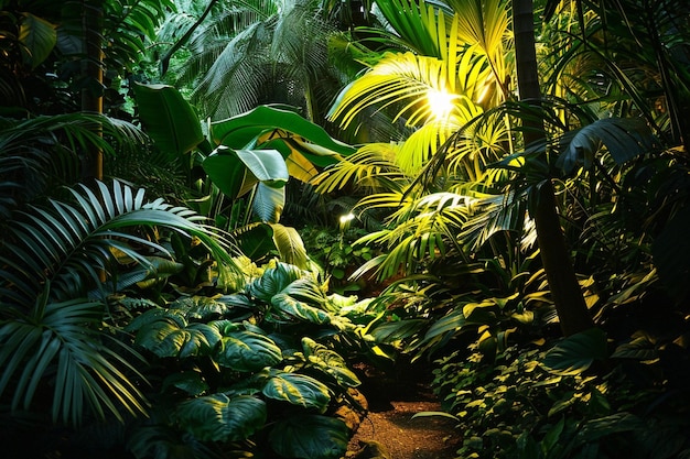 多くのエキゾチックな熱帯植物が照らされています