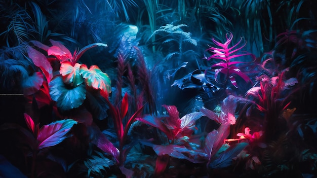 Many exotic tropical plants are lit up