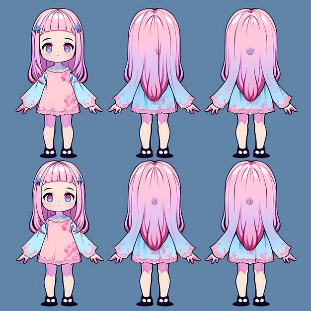 the many faces of a girl with purple hair.