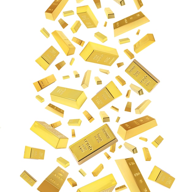 Many falling gold bars on white background