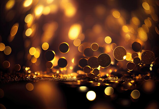 Many falling golden confetti glitter bokeh lights background Christmas decoration Defocused