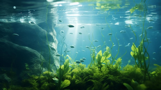 Many fish swimming in the water near some plants