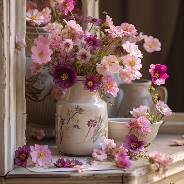 a many flowers in a vase on a table