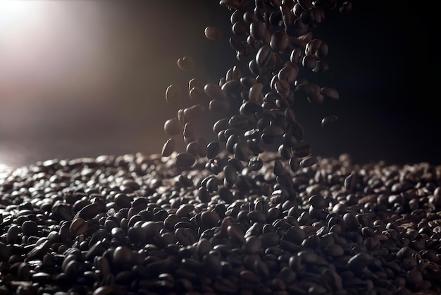 黒の背景に多くの飛んでいるコーヒー豆