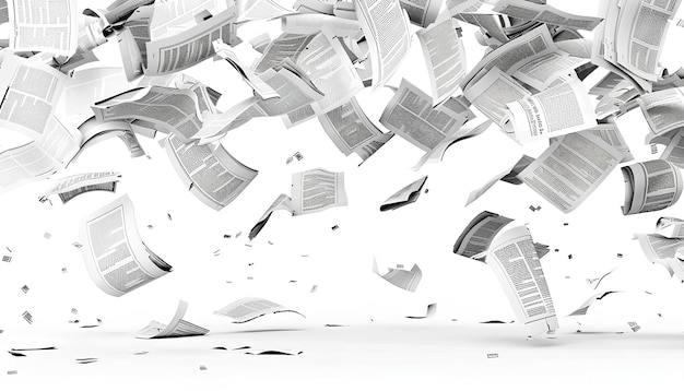 Many flying newspapers on white background