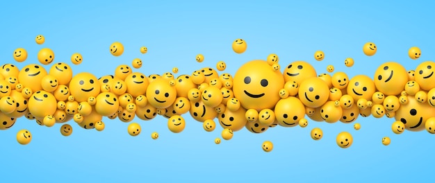 Many flying yellow balls in different sizes with smiling faces