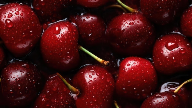 Many fresh cherry background adorned with some droplets of water for food magazine photography