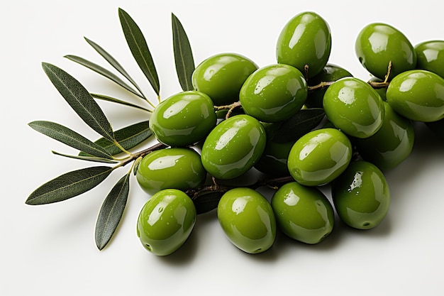 Many Fresh Green Olives on White Background CloseUp Studio Shot of Red Ripe Food Photography