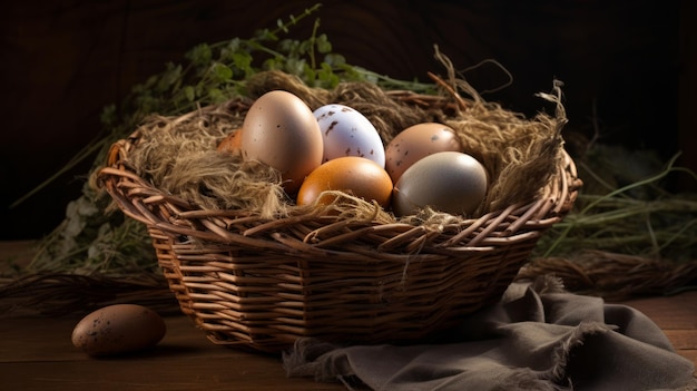 많은 신선한 유기 계란이 큰 바구니 신경망에서 생성되었습니다.