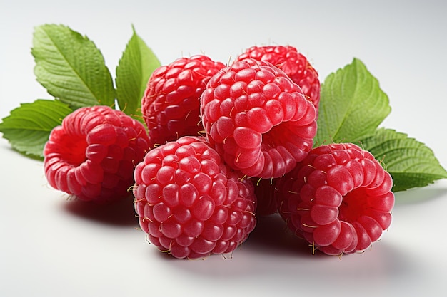 Many Fresh Raspberries on White Background CloseUp Studio Shot of Red Ripe Food Photography