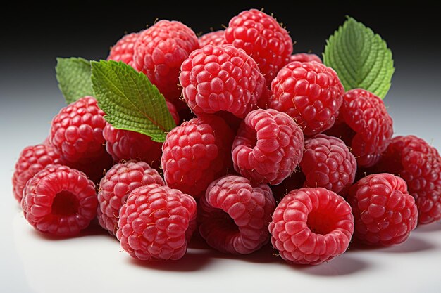 Many Fresh Raspberries on White Background CloseUp Studio Shot of Red Ripe Food Photography