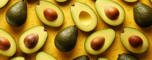 Many fresh ripe avocados on pastel backgroundtop view food banner Generative Ai