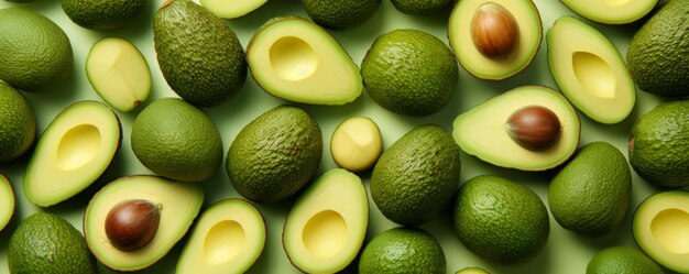 Photo many fresh ripe avocados on pastel backgroundtop view food banner generative ai