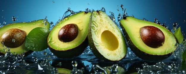 Many fresh ripe avocados with detailed water drops on colorful background food banner Generative Ai