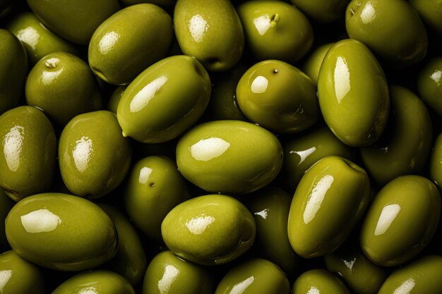 Molte olive verdi fresche e mature con gocce d'acqua dettagliate concetto alimentare bio-farm generative ai