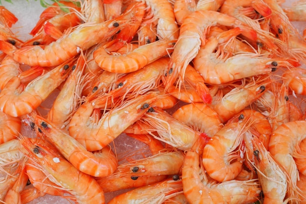 Many fresh shrimps on ice