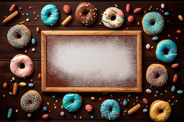 Many Frosted donuts with candy sprinkles arranged in a border frame on wood table Generative Ai