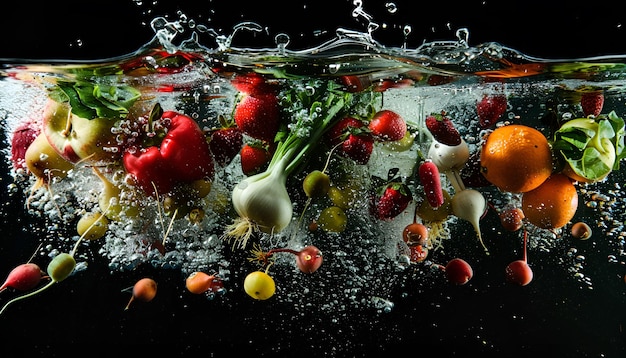 Foto molte frutta e verdura cadono in acqua contro uno sfondo nero
