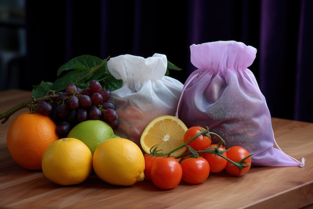 Many fruits and vegetables in the sac