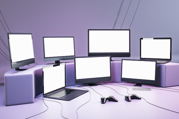 Фото Многие игровые телевизоры и компьютерные экраны и джойстики на фиолетовых обоях концепция видеоигр mock up 3d rendering
