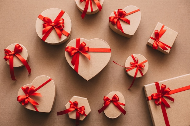 Many gift box with red ribbon bow 