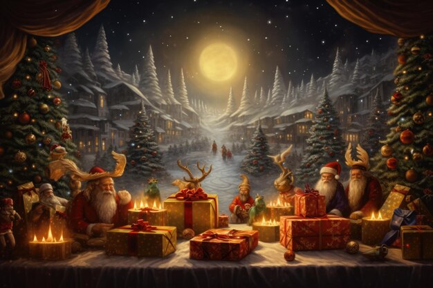 Many gift boxes for the Christmas eve night with snow in winter comeliness