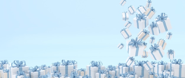 Многие подарочные коробки и пастельно-голубой фон Рождественский набор объектов. 3D визуализация