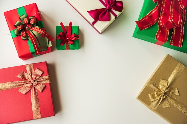 Many gift boxes on the white table