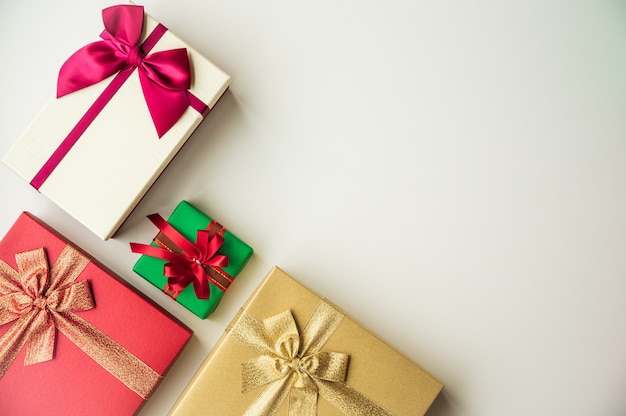 Many gift boxes on the white table